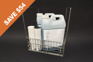 metal basket filled with bottles of liquid for the EzClean Elite Bundle (Pro) industrial ultrasonic cleaner